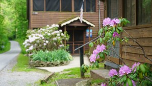 A wooden building with a porch, surrounded by lush greenery and flowering plants. - Secluded Lodge*Full kitchen + King Bed (Elkins)