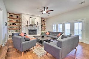 TV, fireplace, video-game console, foosball