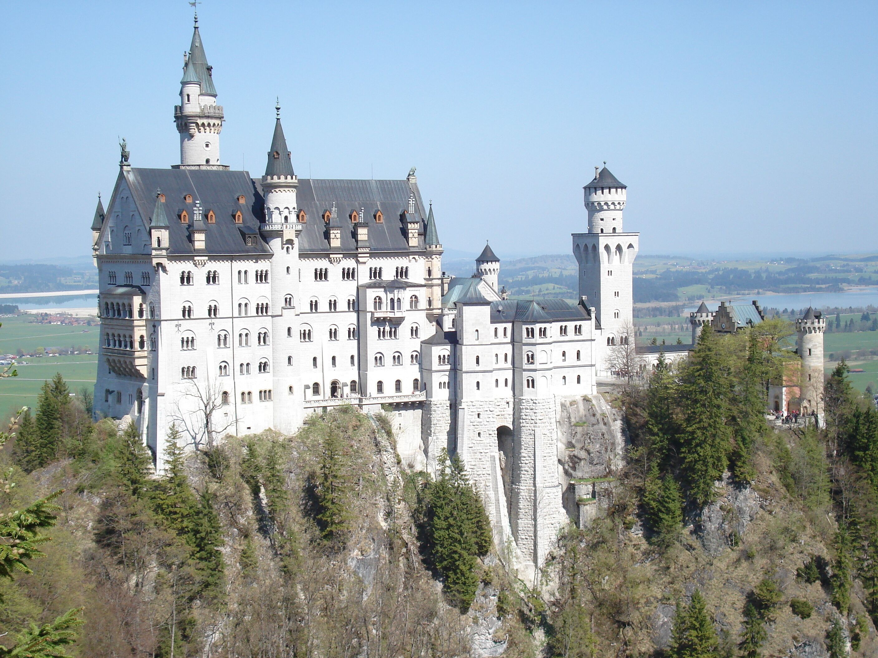 A large, historic castle with multiple towers and a prominent central building, surrounded by dense forest.