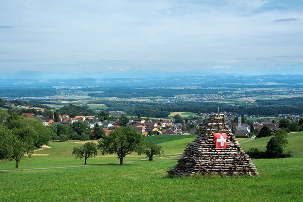 Paisaje rural con una estructura de pared de piedra y una bandera.