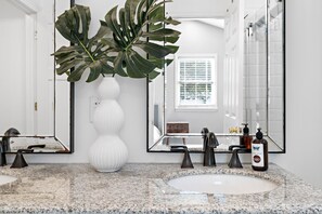 Un baño con tocador blanco, un espejo grande y una planta en maceta.
