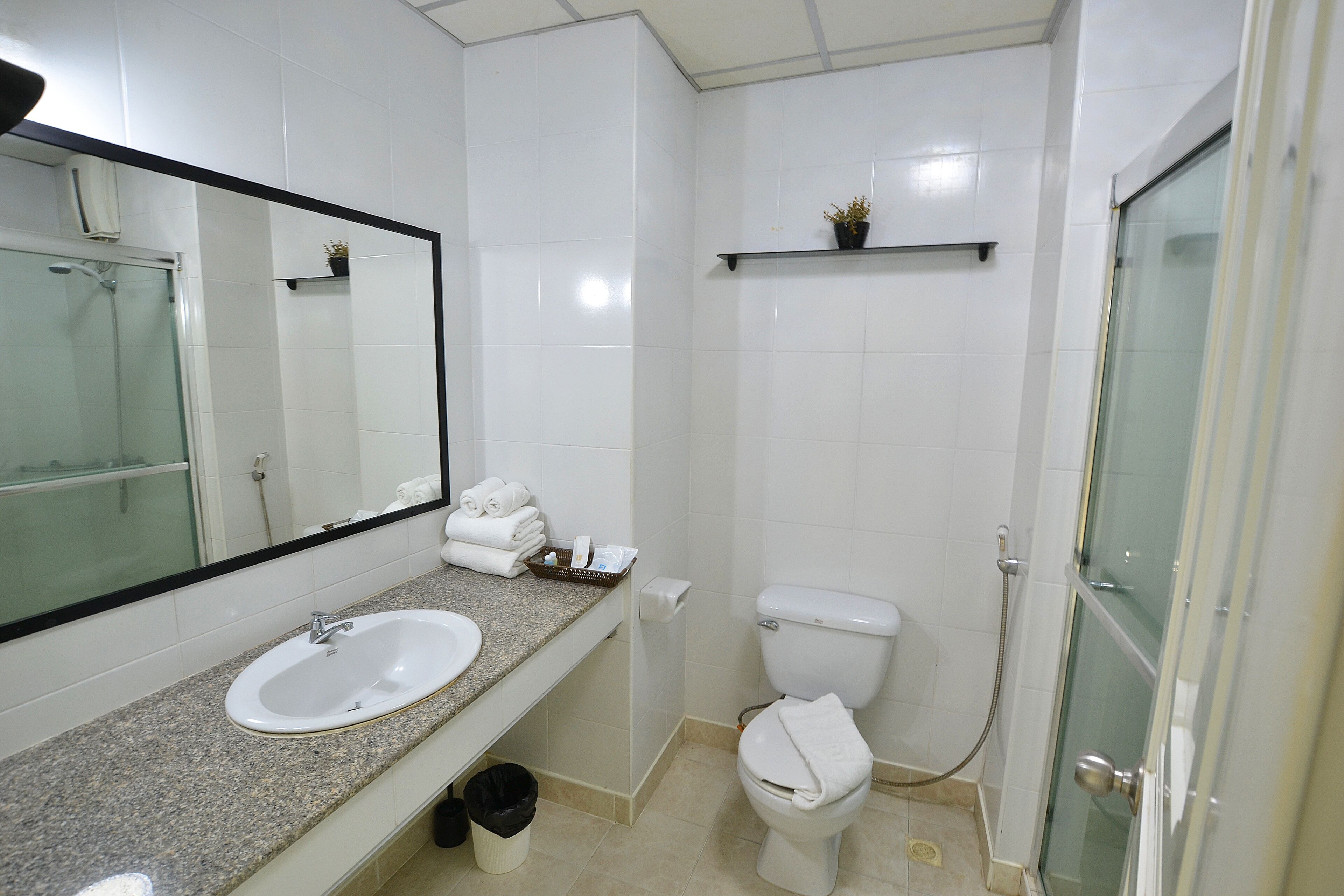 A bathroom with a sink, toilet, and shower.