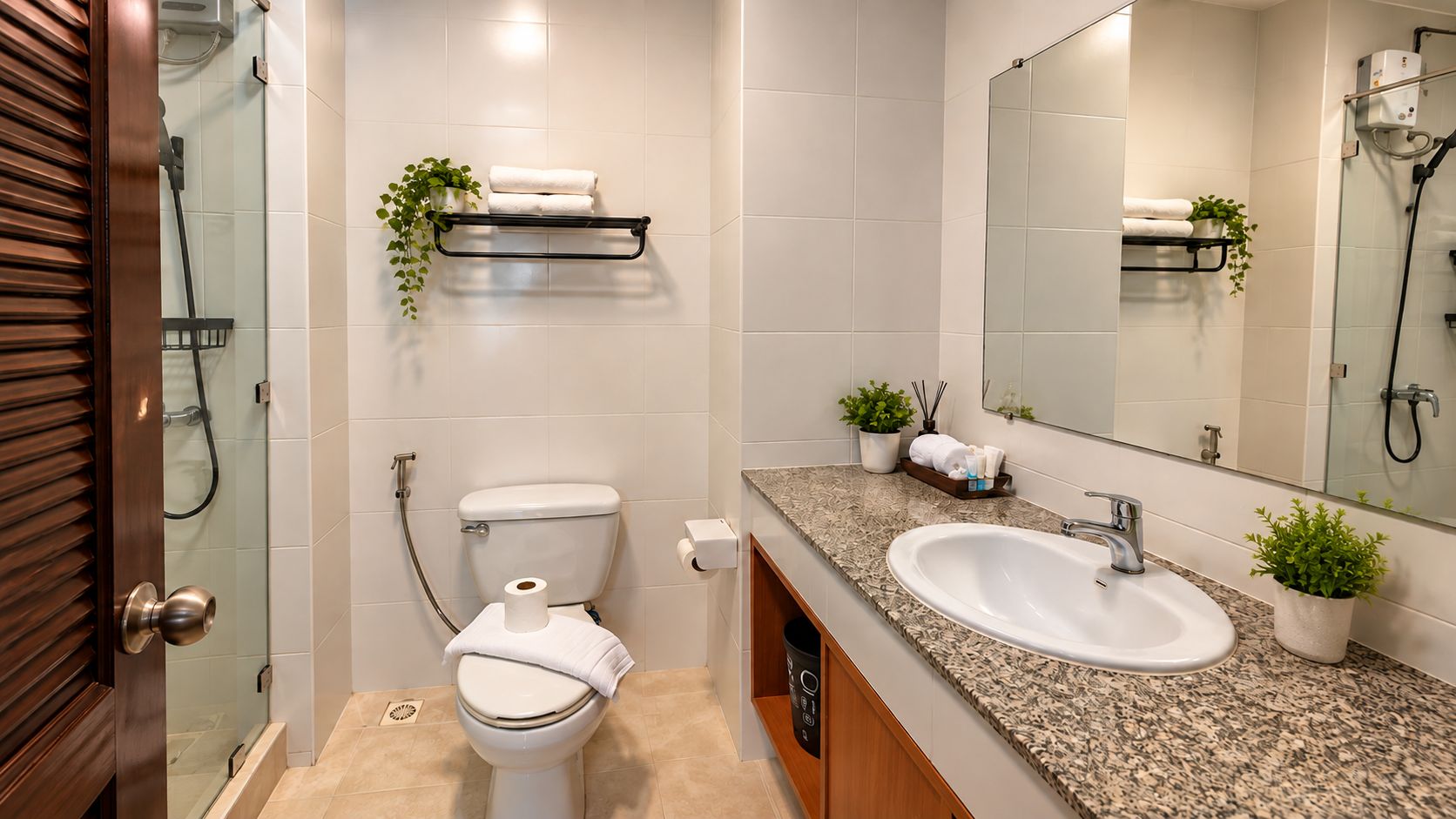 A modern bathroom with a toilet, sink, and shower.