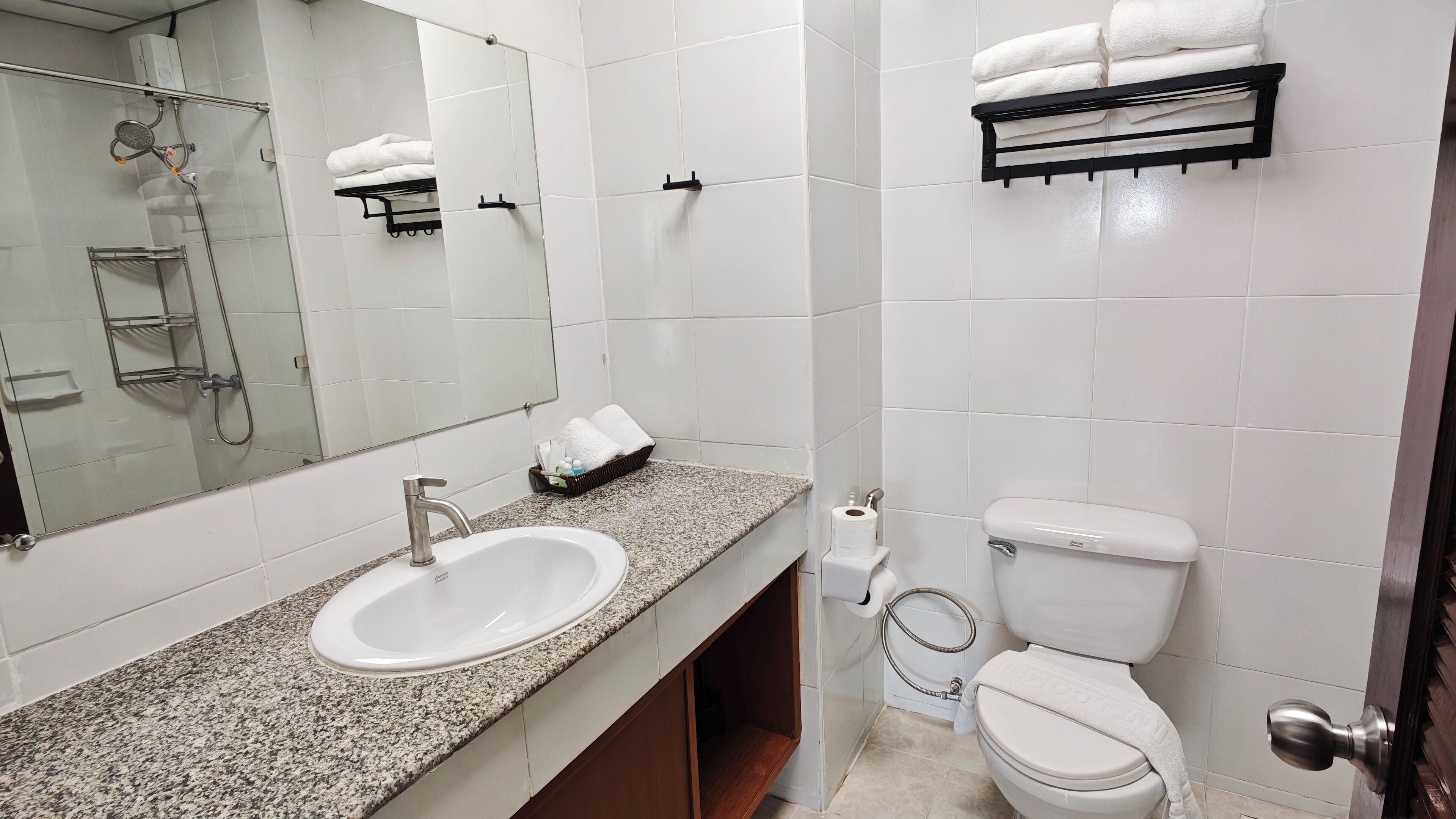 Een badkamer met een wastafel, spiegel, handdoekhouder, toilet en douche.