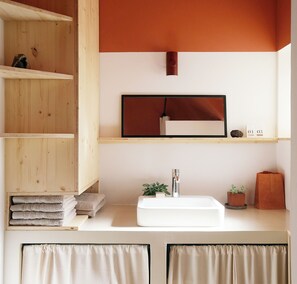 A bathroom with a wooden shelf, a white sink, a mirror, and a potted plant. - Cozy N'est house on historic courtyard-garden, close to station and city center (Besançon)