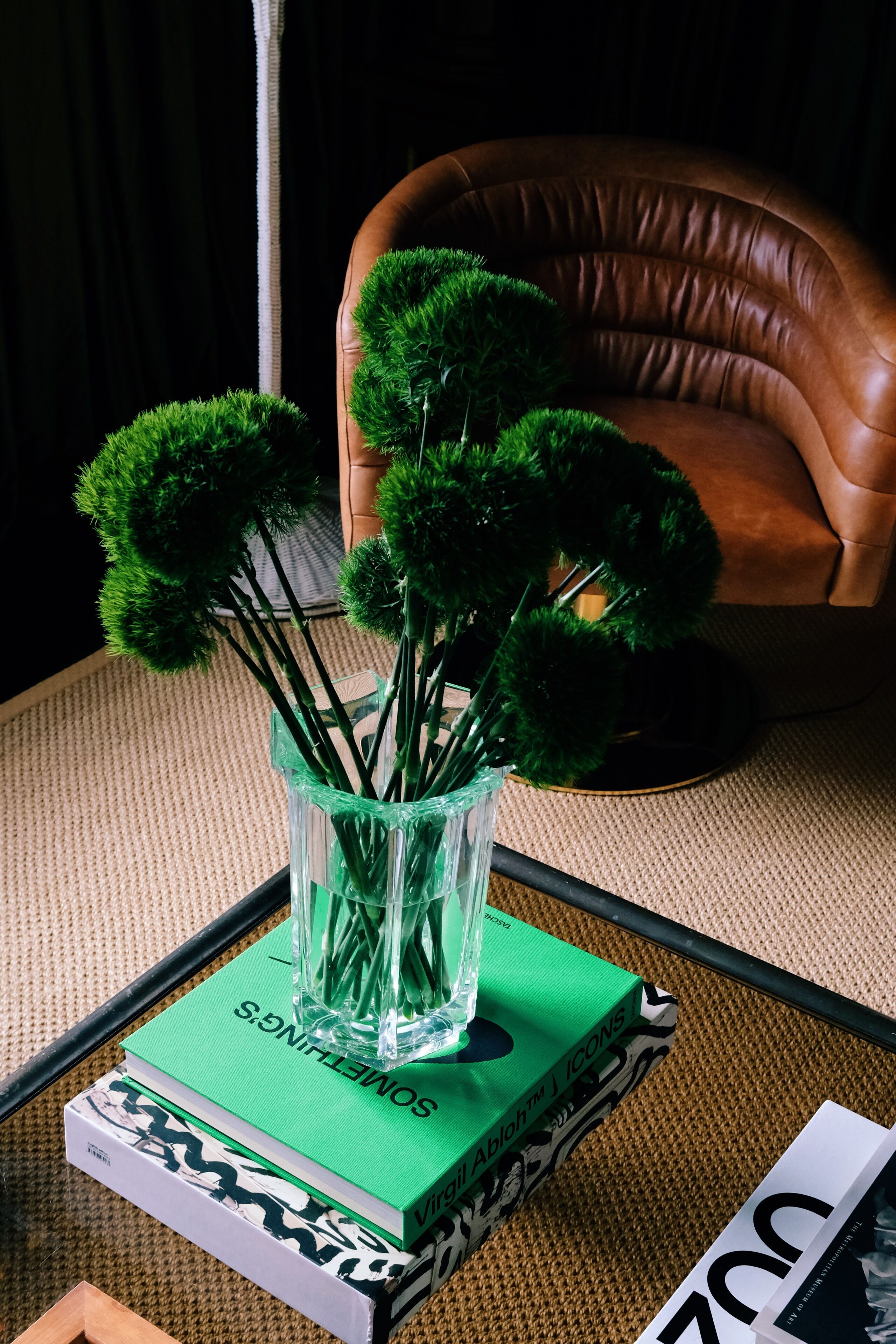 Un jarrón de vidrio transparente con plantas verdes sobre una mesa, una silla de cuero marrón y un libro verde titulado 'SOMETHINGS'.