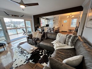 Smart TV, fireplace, foosball, books