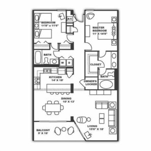 Pianta degli interni di un appartamento con camera matrimoniale, due camere da letto, cucina, zona pranzo, soggiorno, balcone e un bagno.