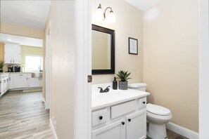 A modern bathroom with a white sink, a toilet, and a mirror above the sink. There is a small potted plant on the sink counter.