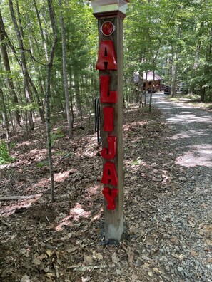 Un poste de madera con letras rojas que deletrean "ALJAY" en una zona boscosa.