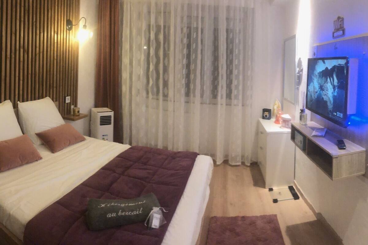 Una habitación de hotel con cama, televisión, escritorio y perchero.
