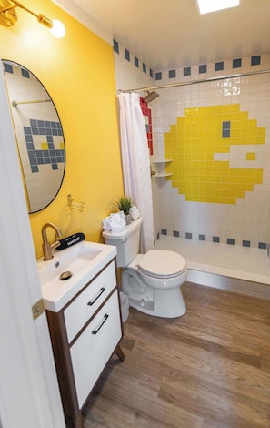 Shower, hair dryer, soap, shampoo
