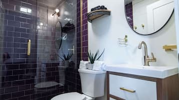 Shower, hair dryer, soap, shampoo