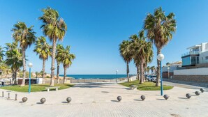 Une promenade dallée, bordée de palmiers, offrant une vue dégagée sur la mer.