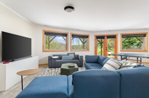 Een smart-tv, een open haard, een tafeltennistafel en boeken