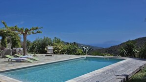 A rectangular pool with a wooden deck, surrounded by lounge chairs and a tree. - Villa Merusellu (Sisco)