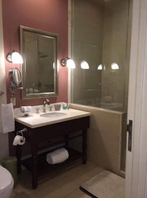 Shower, hair dryer, towels, soap