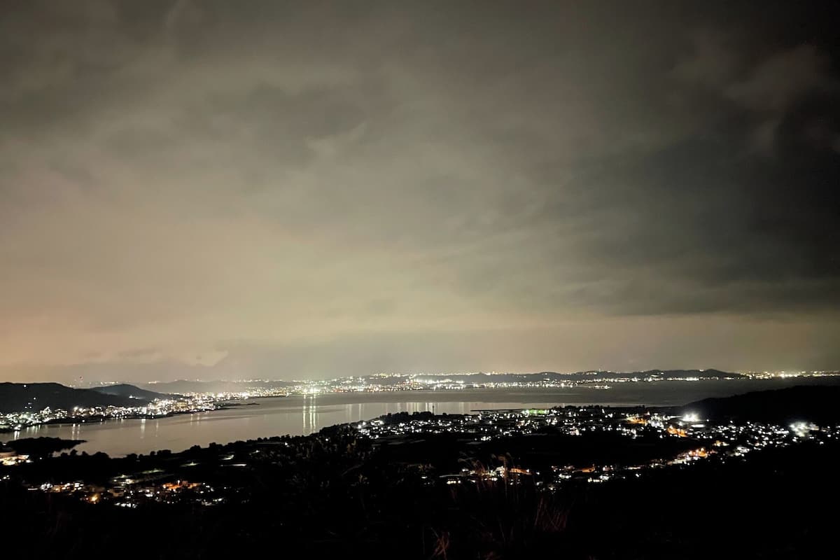 A nighttime view of a coastal city with a large body of water, city lights, and distant mountains.