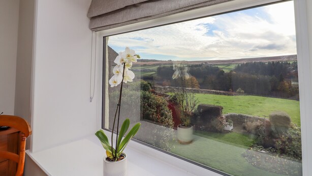 A room with a large window, a potted orchid, and a view of a green landscape. - Sarah's Cottage (Keighley)