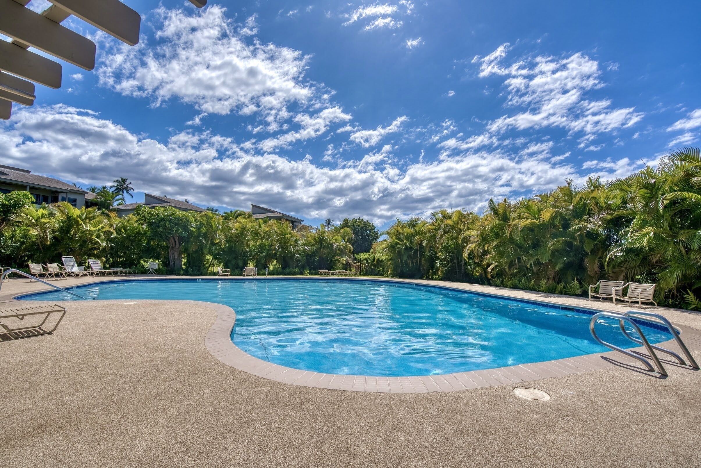 A swimming pool with a clear blue sky and clouds, surrounded by palm trees and lounge chairs.