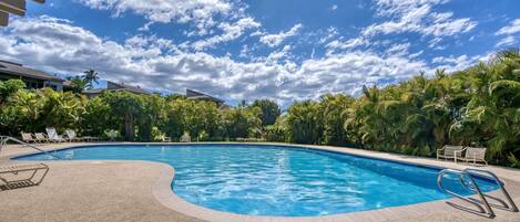 A swimming pool with a clear blue sky and clouds, surrounded by palm trees and lounge chairs.