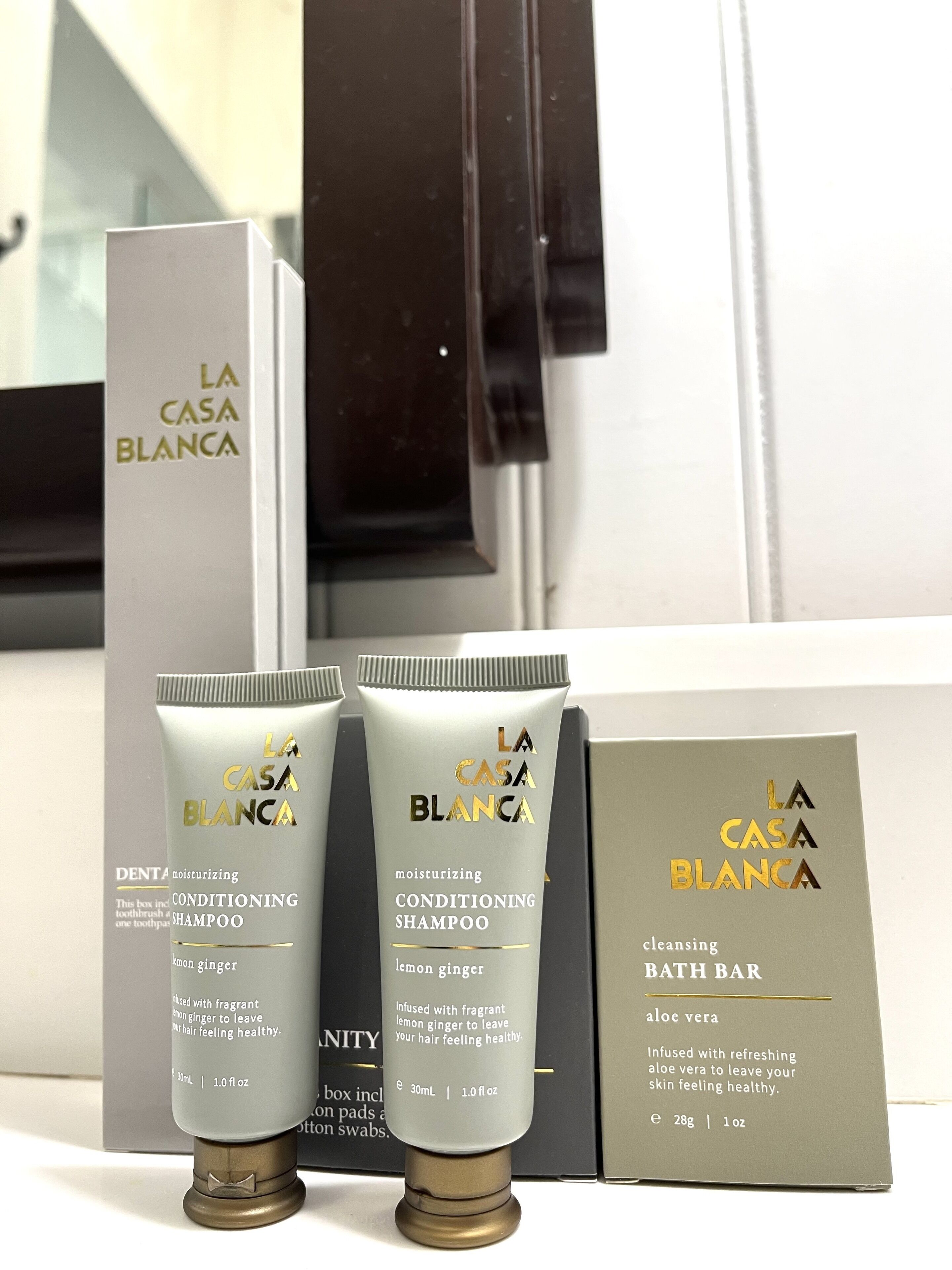 Three La Casa Blanca products: two conditioning shampoos and a cleansing bath bar.