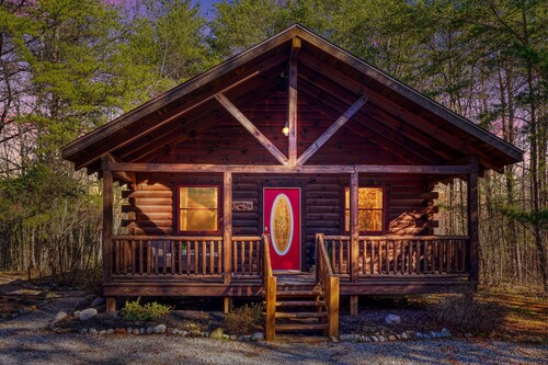Quaint cabin nestled in the pines.