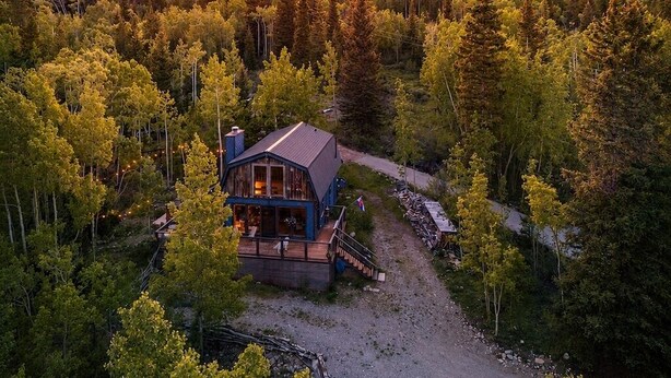 Een chalet omgeven door dicht bos, met een helder uitzicht op de bergen op de achtergrond.