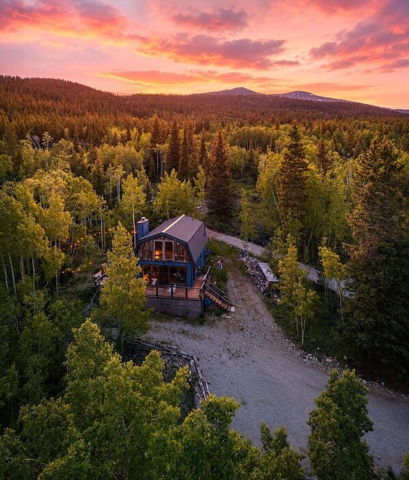 A cabin surrounded by dense forest, with a clear view of the mountains in the background.