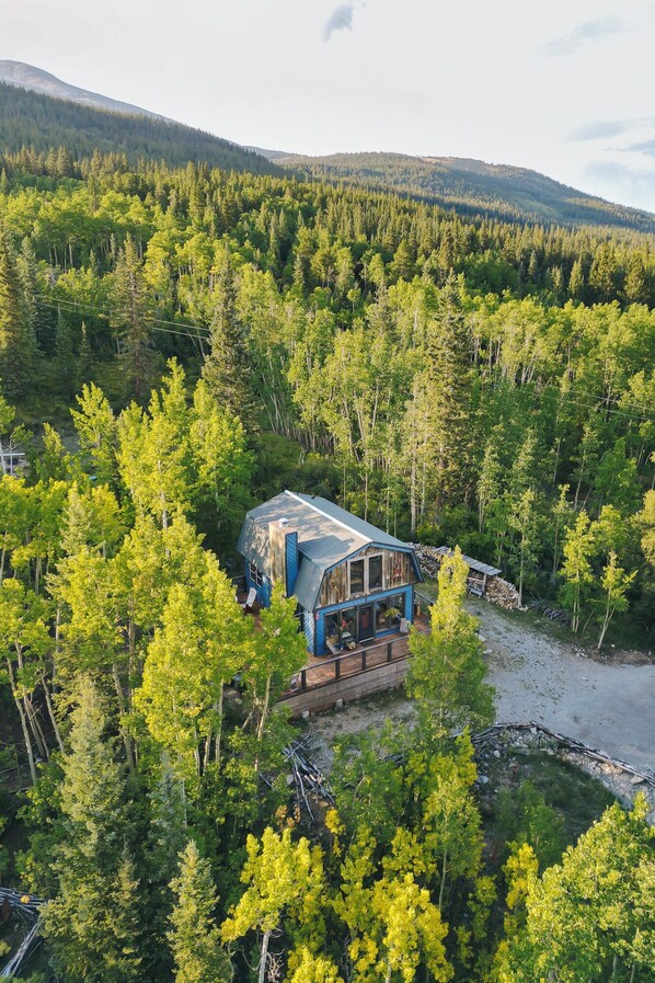 A cabin surrounded by dense forest with a clear view of the surrounding mountains. - The Snow Shack 2BR w Hot Tub, Stream, Fireplace, Steam Rm on 5 Acres Near Breck (Alma)