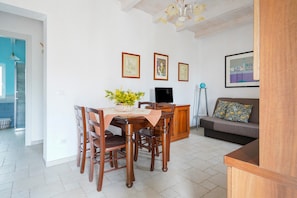 A dining area with a wooden table and chairs, a TV, and a sofa with a cushion.