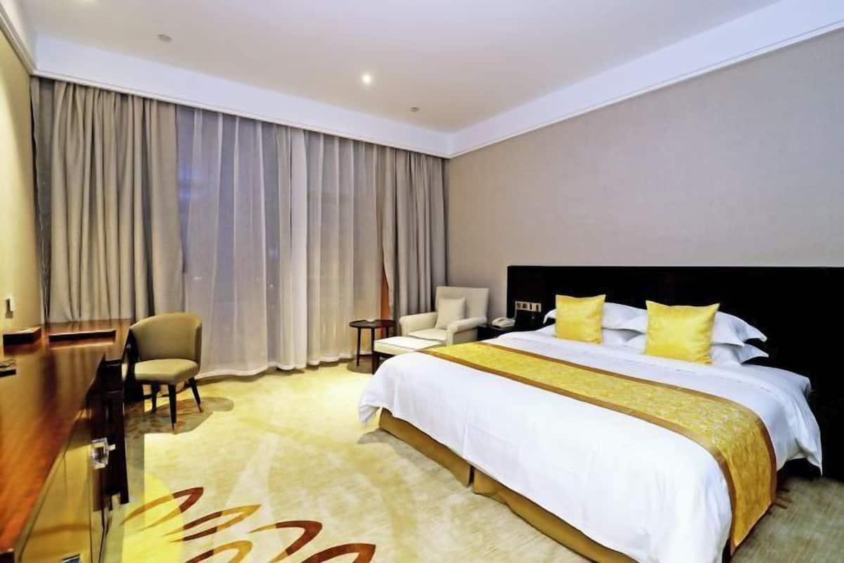 Een hotelkamer met een groot bed, een bureau, een stoel en uitzicht op de stad door het raam.