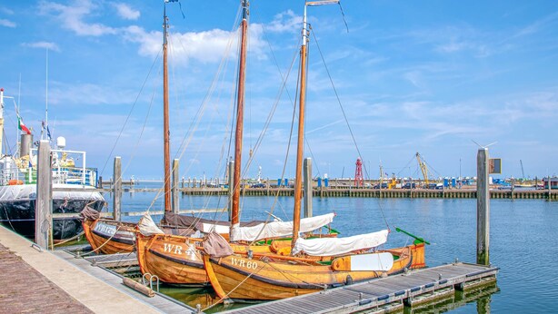 A dock with several wooden boats, a pier, and a clear blue sky. - Wieringen Waddenlodge (Den Oever)