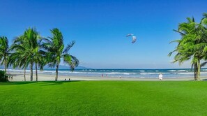 On the beach, free beach shuttle, beach bar