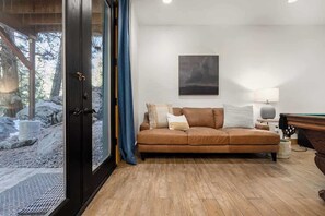 Télévision, cheminée, livres, espaces bureaux