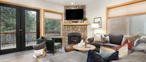 Télévision, cheminée, livres, espaces bureaux