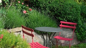 A garden with a table and two red chairs. - Studio Apartment 'Ferienwohnung Lanz 3' with Mountain View, Private Garden and Wi-Fi (Lana)
