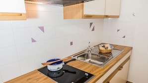 A compact kitchen with a stove, sink, and wooden cabinets. - Studio Apartment 'Ferienwohnung Lanz 3' with Mountain View, Private Garden and Wi-Fi (Lana)
