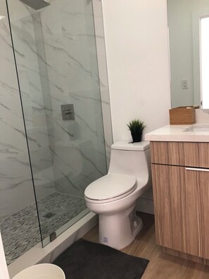 Douche, séchoir à cheveux, serviettes fournies, savon