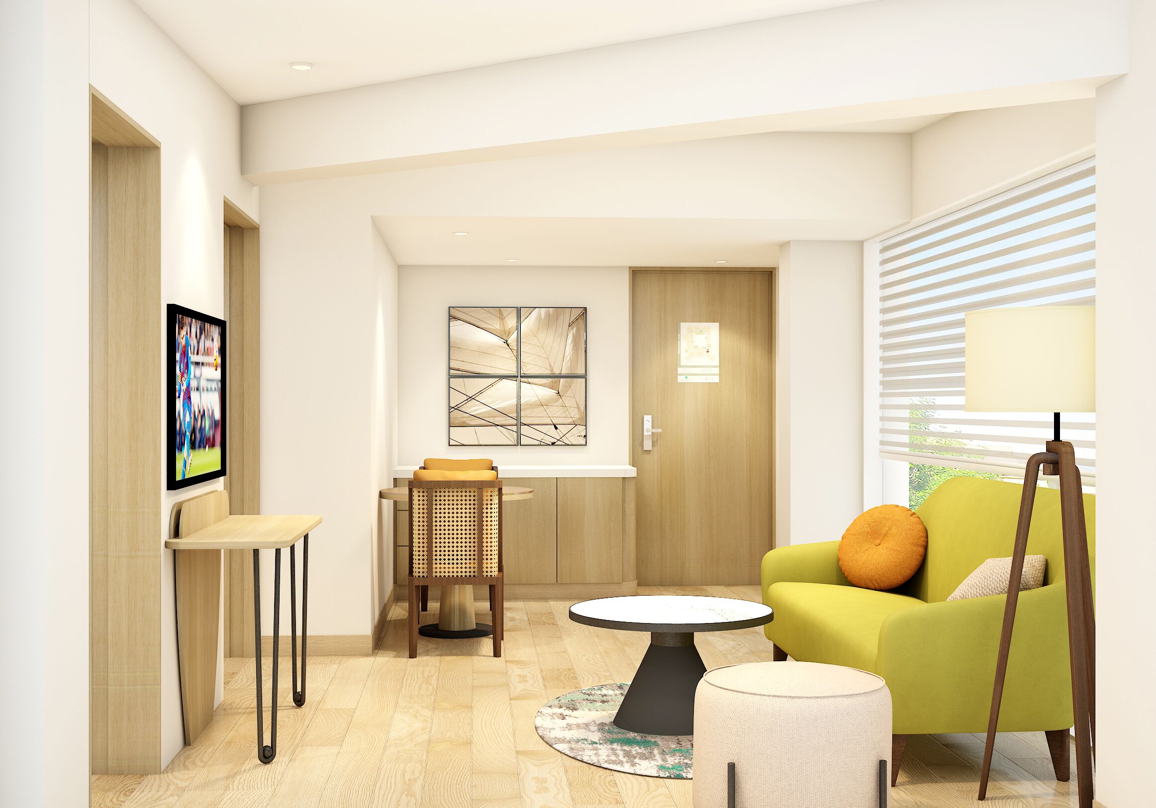 Minibar, escritorio, cortinas blackout y tabla de planchar con plancha 