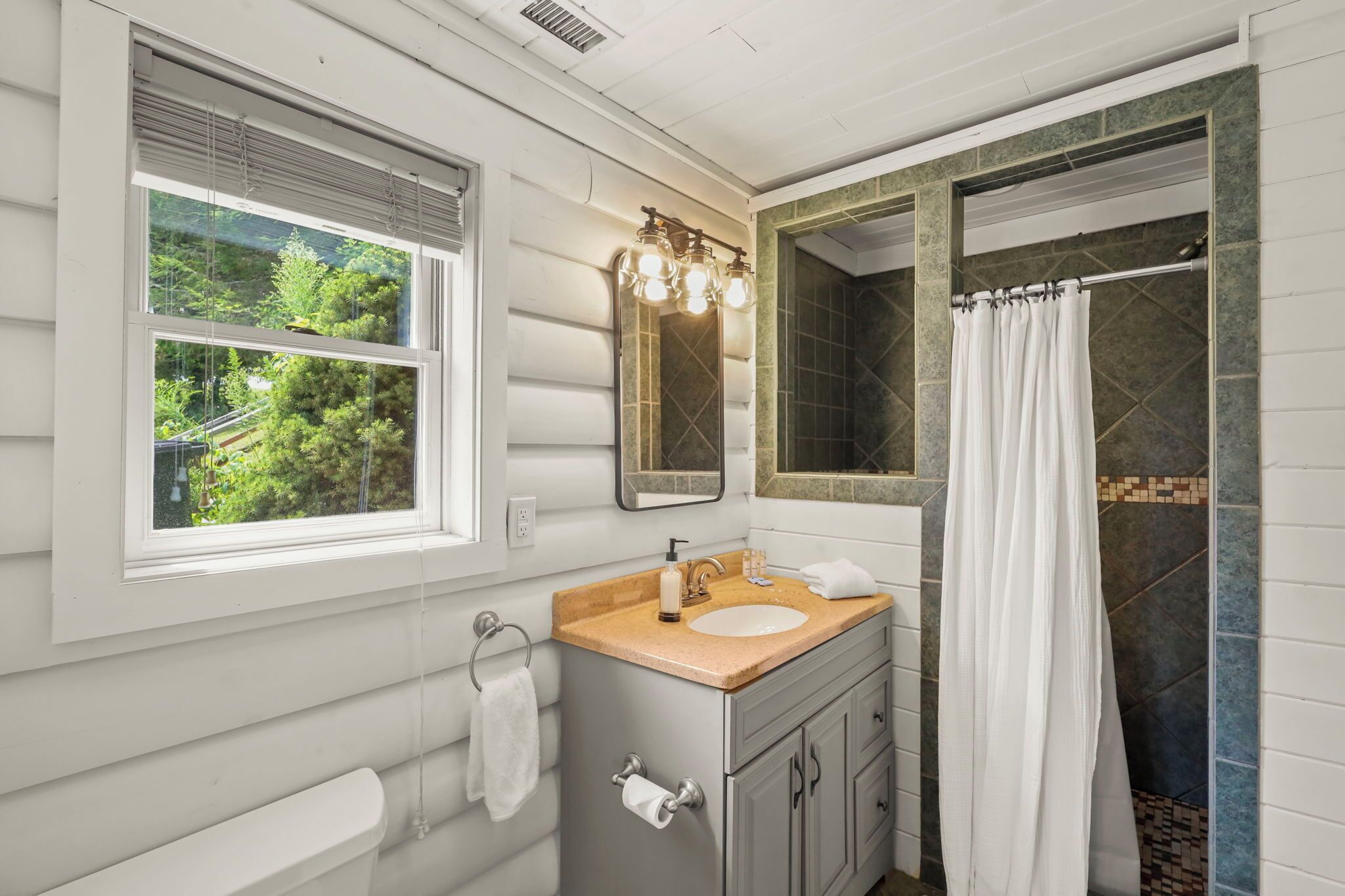 Shower, towels, toilet paper