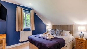 A bedroom with a bed, bedside tables, a window with curtains, a radiator, and a TV mounted on the wall. - Outstanding and beautifully presented first floor apartment. (Glastonbury)