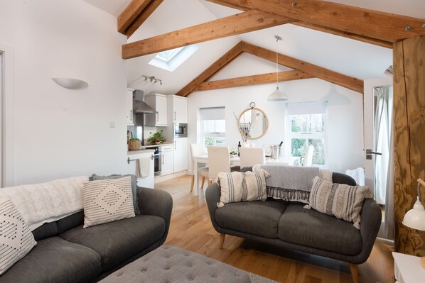 A spacious living room with two sofas and a dining area with a table and chairs.