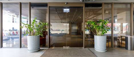 Una entrada moderna con puertas de vidrio, dos plantas grandes en macetas y un piso de baldosas impecable.