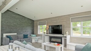 A modern living room with a fireplace, grey sofas, a flat-screen TV, and large windows.