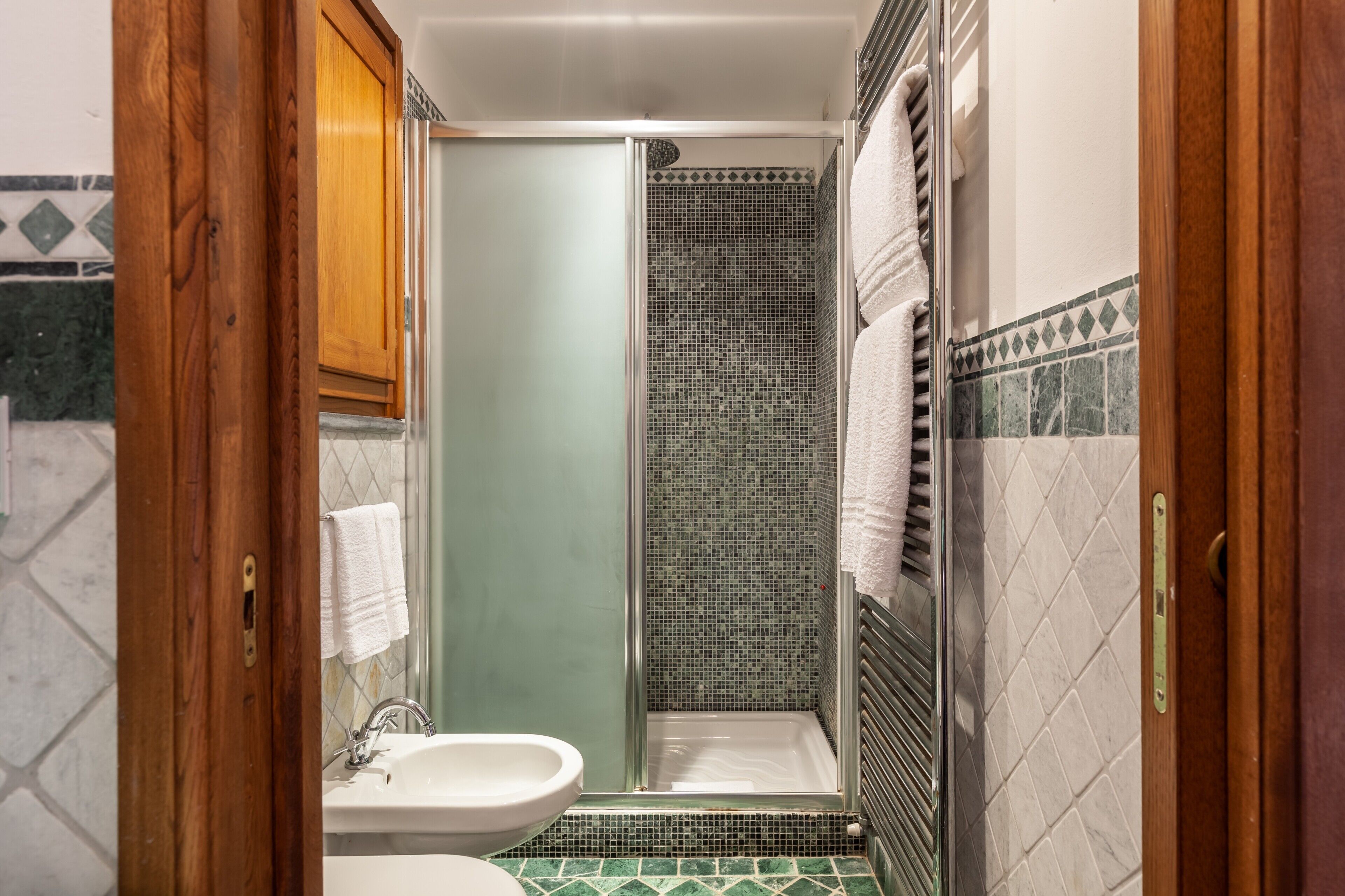 Shower, hair dryer, towels