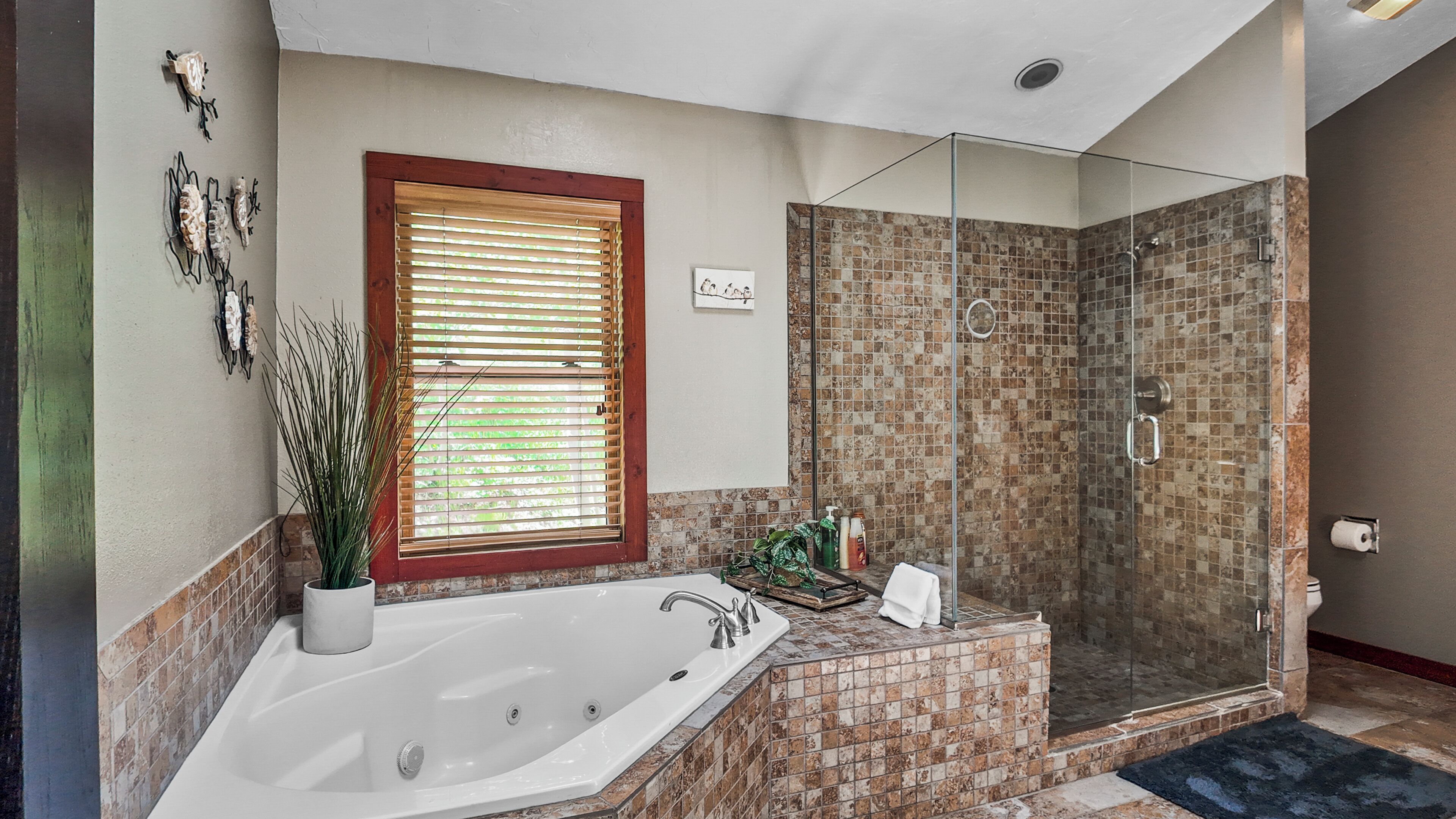 Combined shower/bathtub, jetted bath, hair dryer, towels