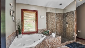 Combined shower/tub, jetted tub, hair dryer, towels