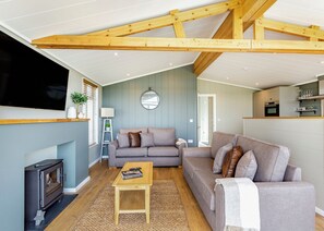 Ein gemütliches Wohnzimmer mit einer Couch, einem Couchtisch, einem Fernseher und einem Kamin.
