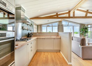 A modern kitchen with a built-in oven, gas stove, and stainless steel appliances. - Luxurious lodge with vaulted ceilings and a welcoming feature fireplace. (Glastonbury)
